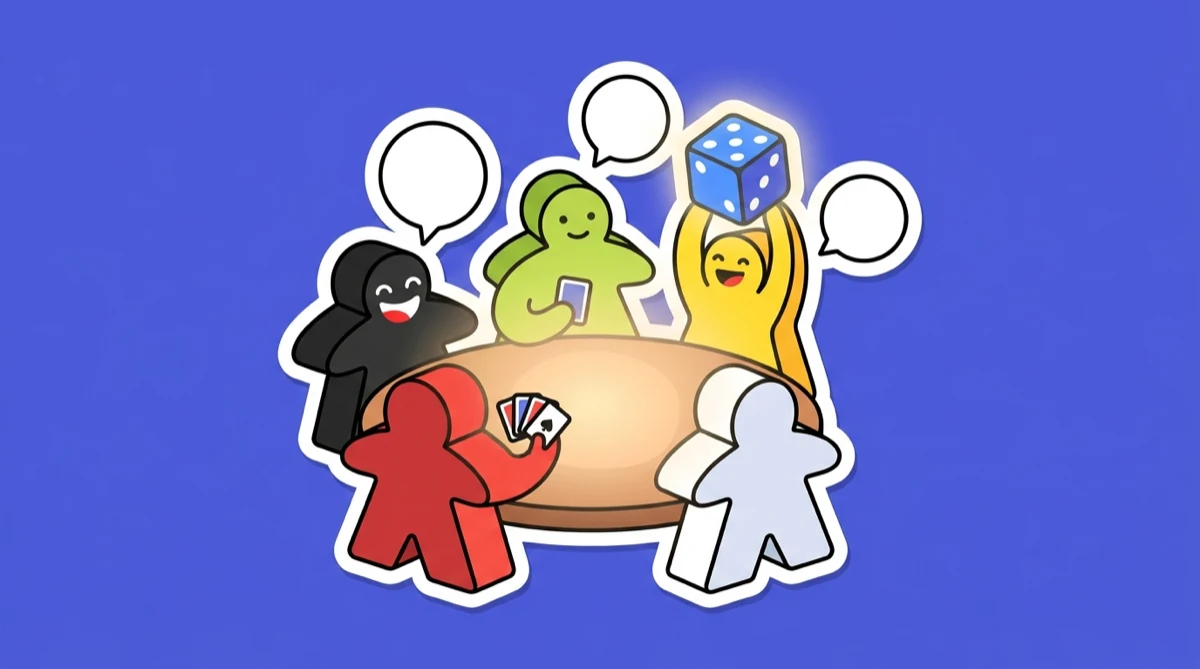 Illustration of meeples in player colours chatting around a glowing table
